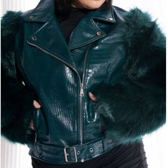 STUNNING PLUS AZALEA WANG NOLLA FAUX FUR ARMS CROC MOTO JACKET!!! - Picture 2 of 8
